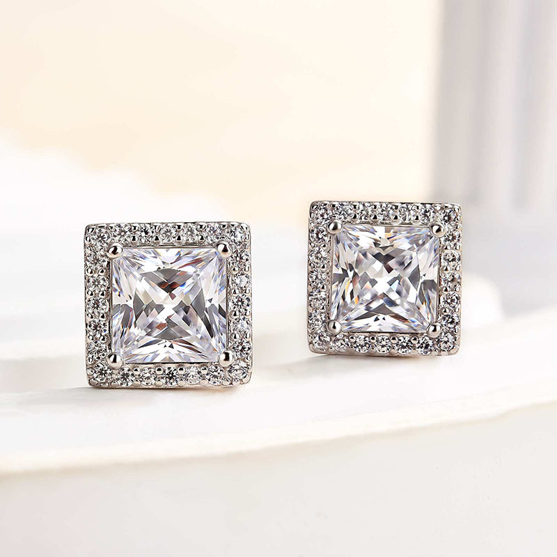 Louily Fashion Halo Square Princess Cut Stud Earrings In Sterling Silver