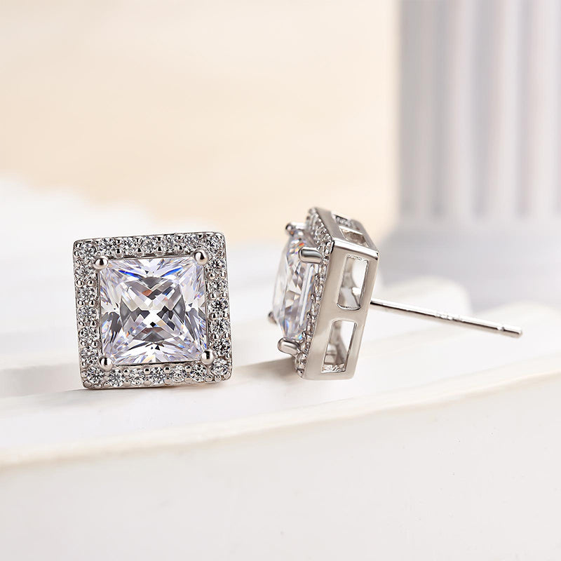 Louily Fashion Halo Square Princess Cut Stud Earrings In Sterling Silver