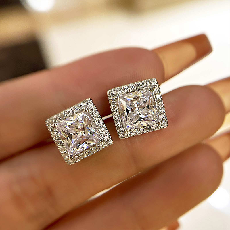 Louily Fashion Halo Square Princess Cut Stud Earrings In Sterling Silver