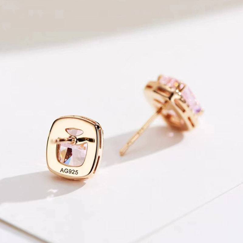 Louily Elegant Rose Gold Halo Cushion Cut Pink Stone Stud Earrings