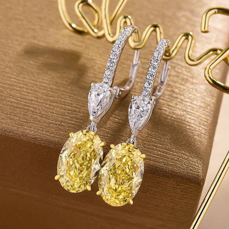 Louily Elegant Two-tone Oval Cut Yellow Sapphire Earrings for Women In Sterling Silver