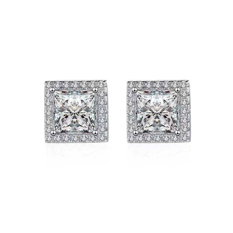 Louily Fashion Halo Square Princess Cut Stud Earrings In Sterling Silver