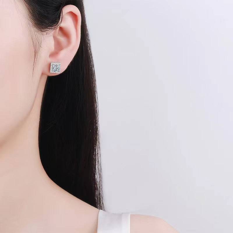 Louily Fashion Halo Square Princess Cut Stud Earrings In Sterling Silver