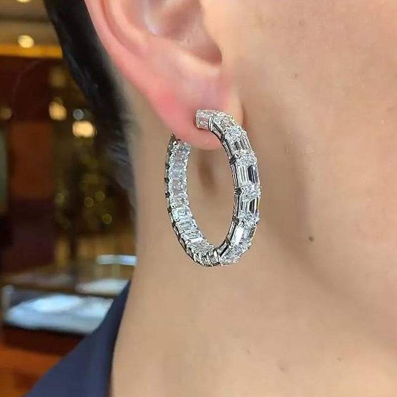 Louily Sparkle Emerald Cut Women's Hoop Earrings In Sterling Silver