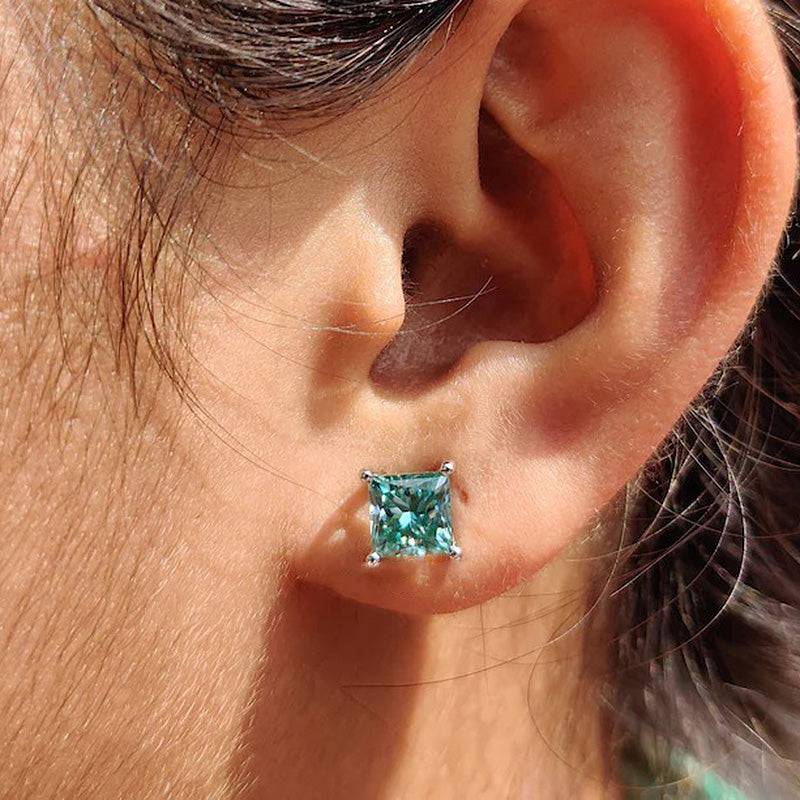 Louily Stunning Square Princess Cut Paraiba Tourmaline Stud Earrings In Sterling Silver