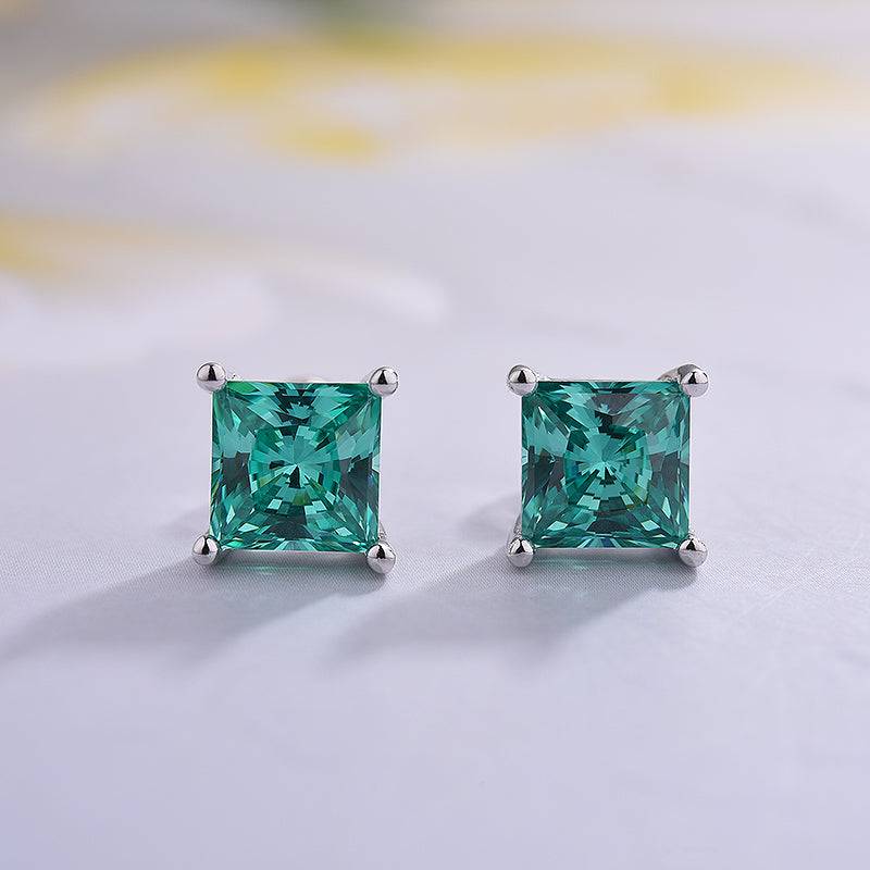 Louily Stunning Square Princess Cut Paraiba Tourmaline Stud Earrings In Sterling Silver