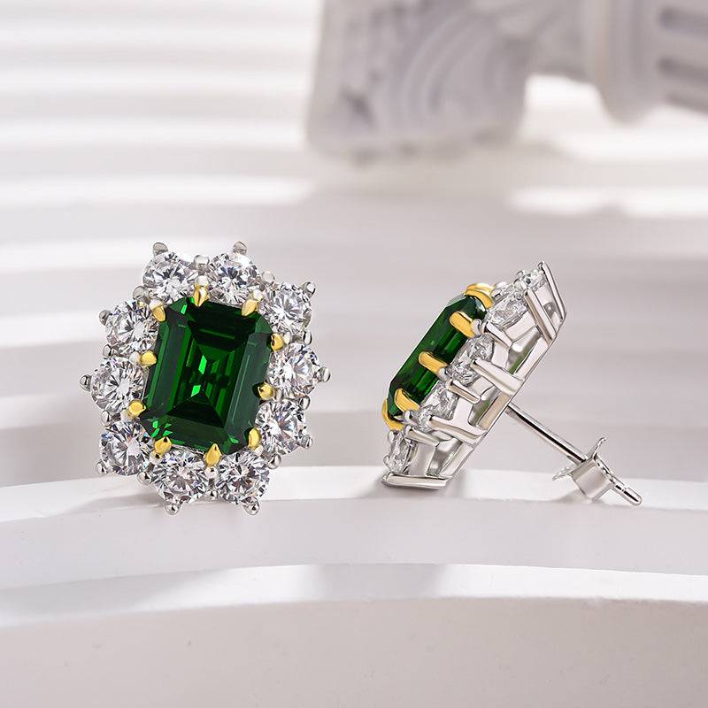 Louily Vintage Flower Design Emerald Cut Emerald Green Earrings In Sterling Silver