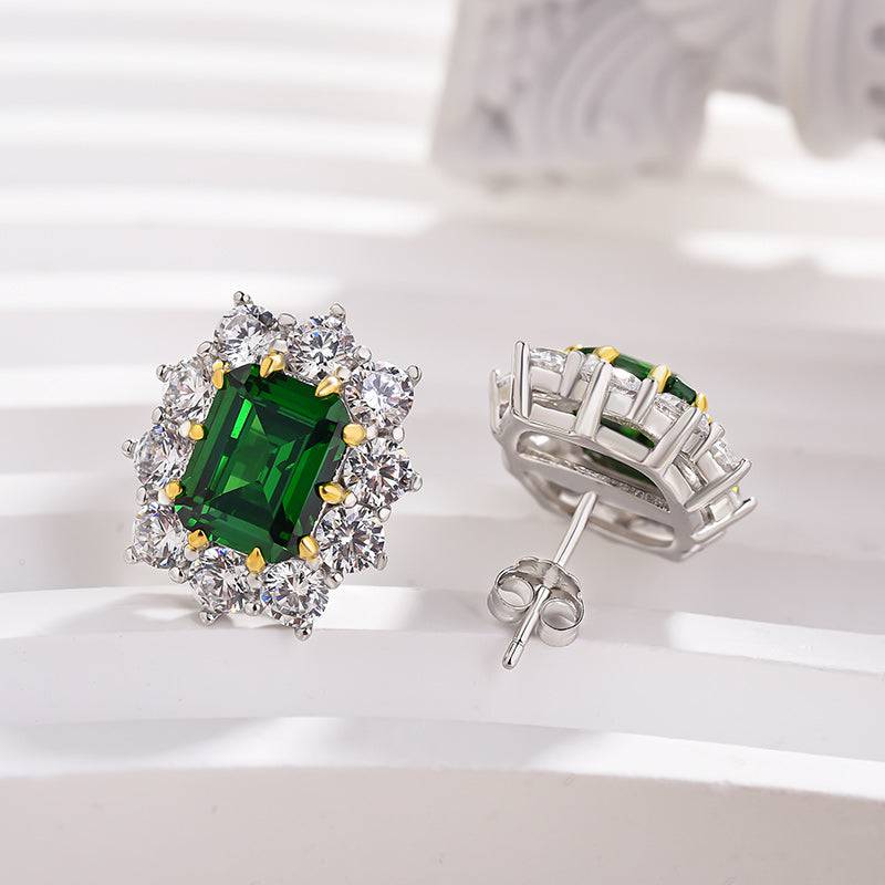 Louily Vintage Flower Design Emerald Cut Emerald Green Earrings In Sterling Silver