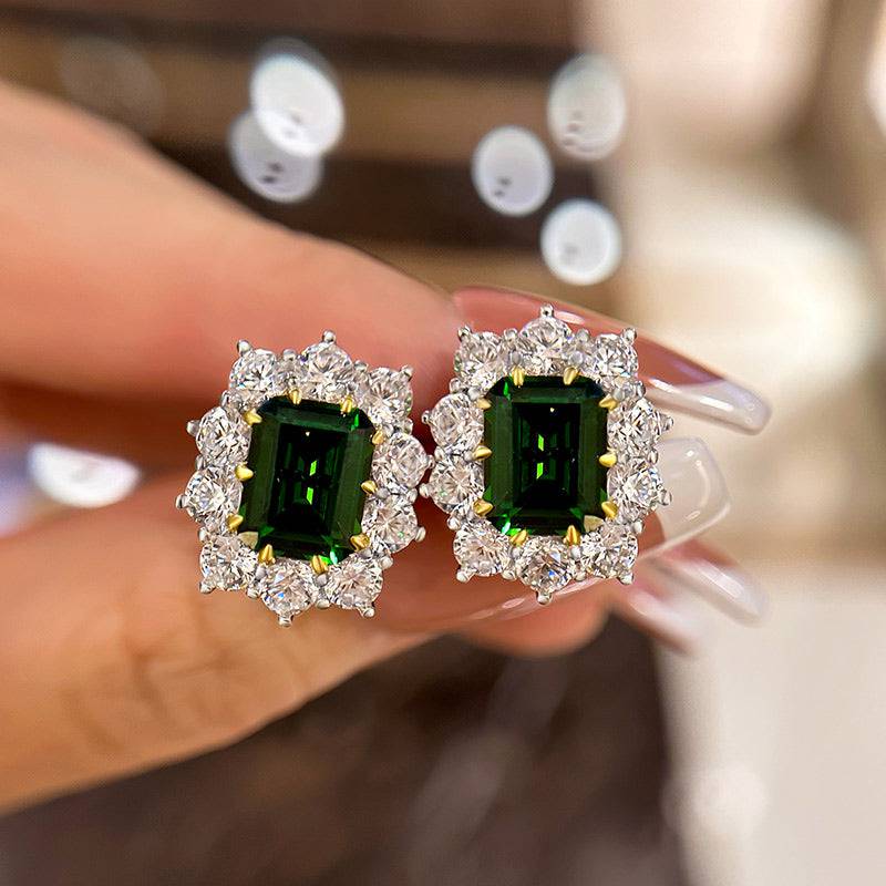 Louily Vintage Flower Design Emerald Cut Emerald Green Earrings In Sterling Silver