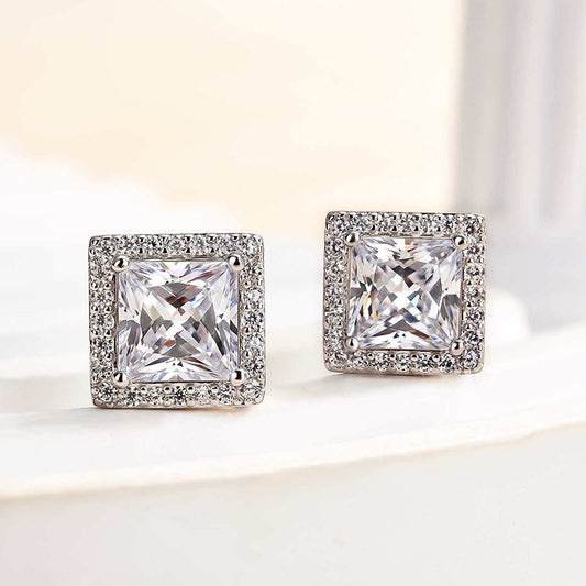 Louily Fashion Halo Square Princess Cut Stud Earrings In Sterling Silver