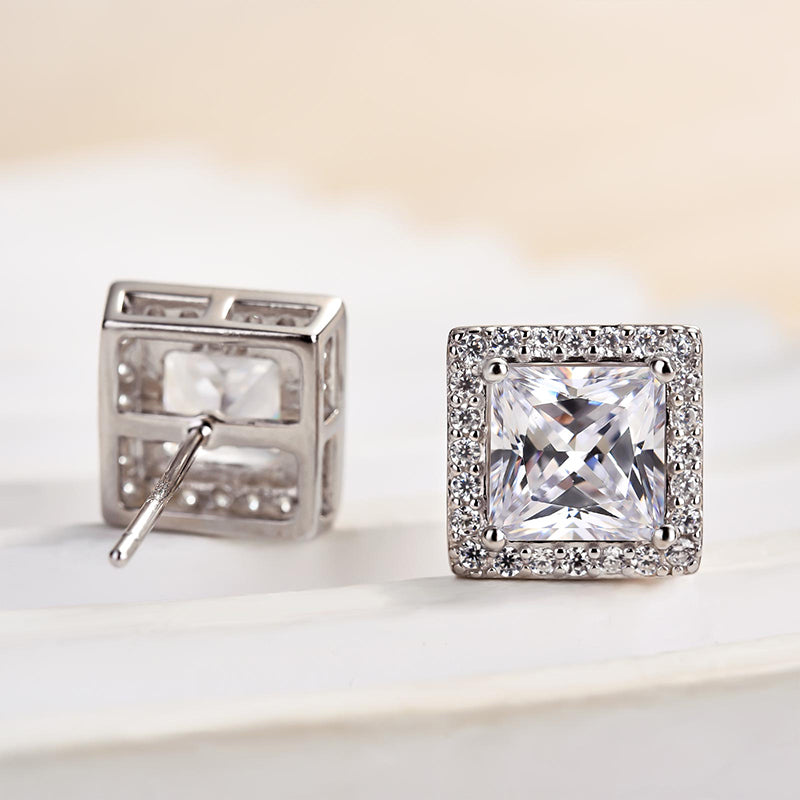 Louily Fashion Halo Square Princess Cut Stud Earrings In Sterling Silver