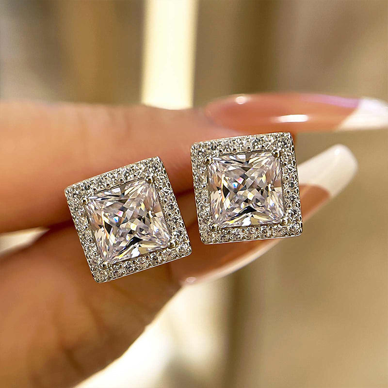 Louily Fashion Halo Square Princess Cut Stud Earrings In Sterling Silver