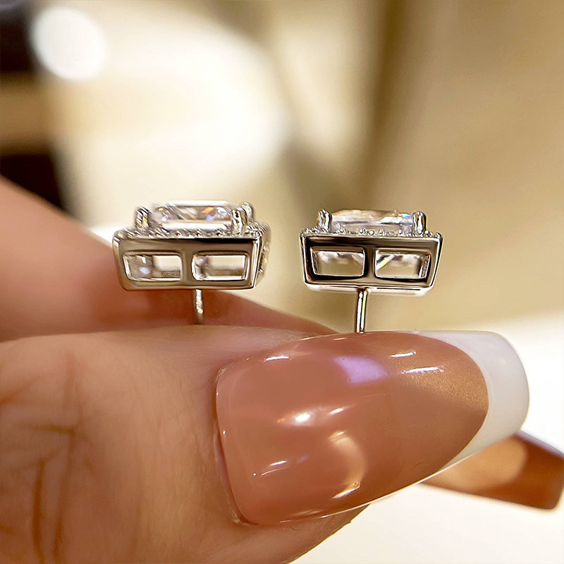 Louily Fashion Halo Square Princess Cut Stud Earrings In Sterling Silver