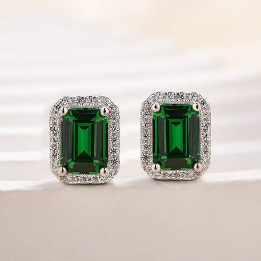 Emerald Green Halo Emerald Cut Sparkle Women's Stud Earrings