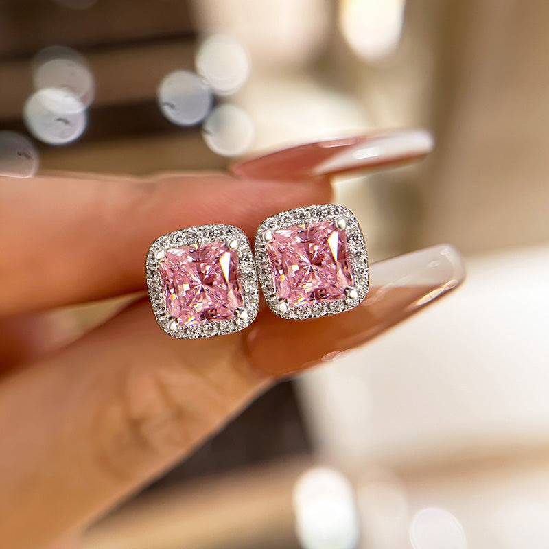 4.0 Carat Halo Square Princess Cut Pink Sapphire Sterling Silver Women's Stud Earrings