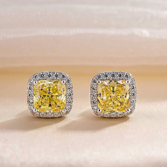 4.0 Carat Yellow Sapphire Halo Square Princess Cut Sterling Silver Women's Stud Earrings