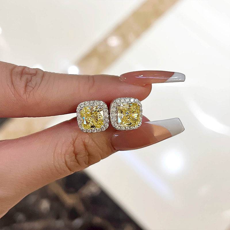 4.0 Carat Yellow Sapphire Halo Square Princess Cut Sterling Silver Women's Stud Earrings