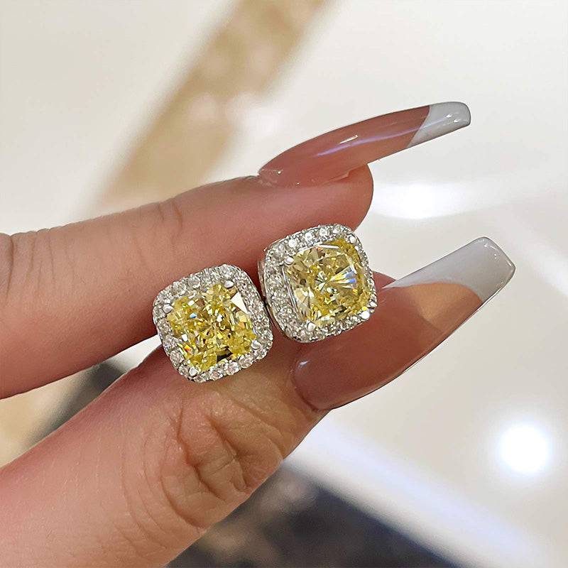4.0 Carat Yellow Sapphire Halo Square Princess Cut Sterling Silver Women's Stud Earrings