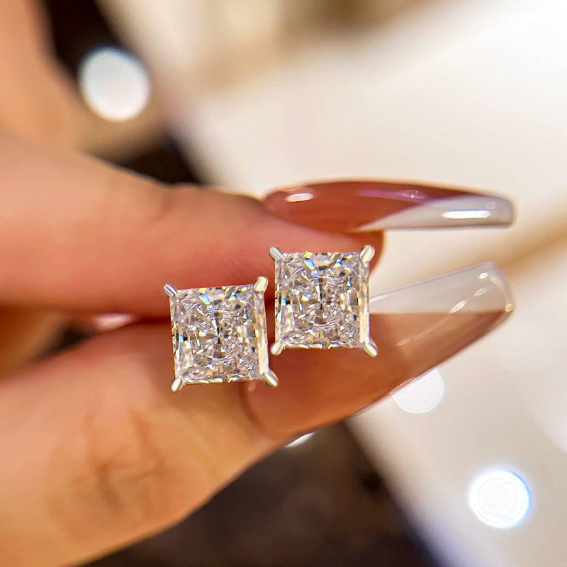 Louily Sterling Silver Classic Square Princess Cut Stud Earrings