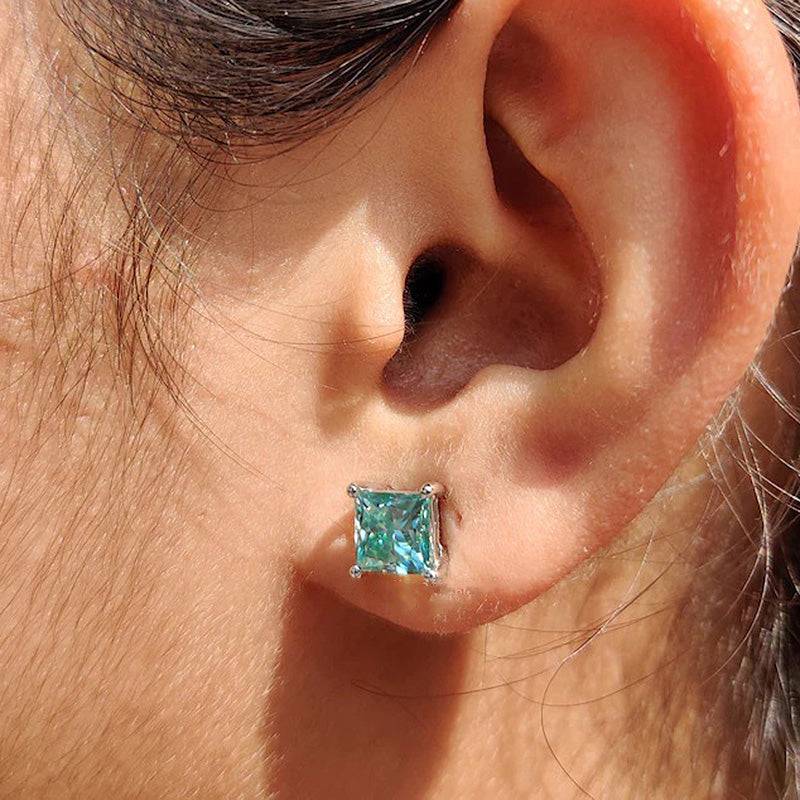 Louily Stunning Square Princess Cut Paraiba Tourmaline Stud Earrings In Sterling Silver