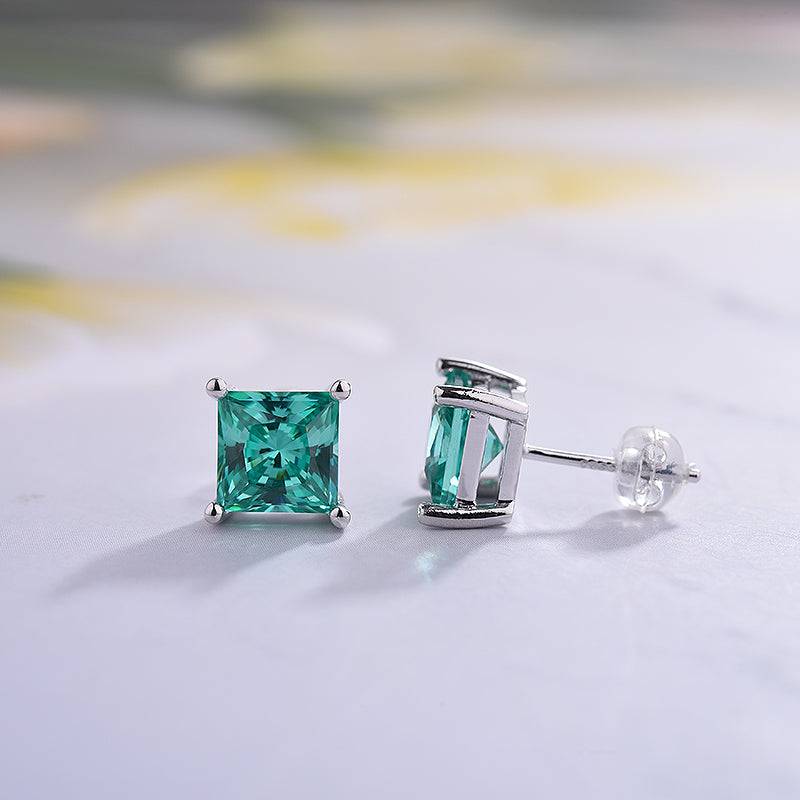 Louily Stunning Square Princess Cut Paraiba Tourmaline Stud Earrings In Sterling Silver