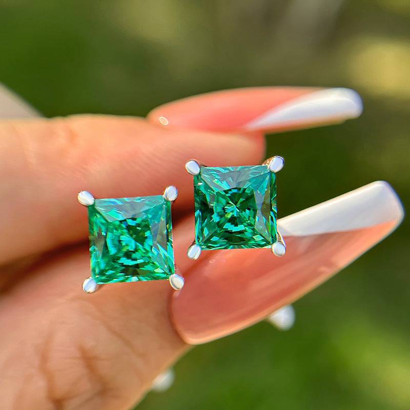 Louily Stunning Square Princess Cut Paraiba Tourmaline Stud Earrings In Sterling Silver