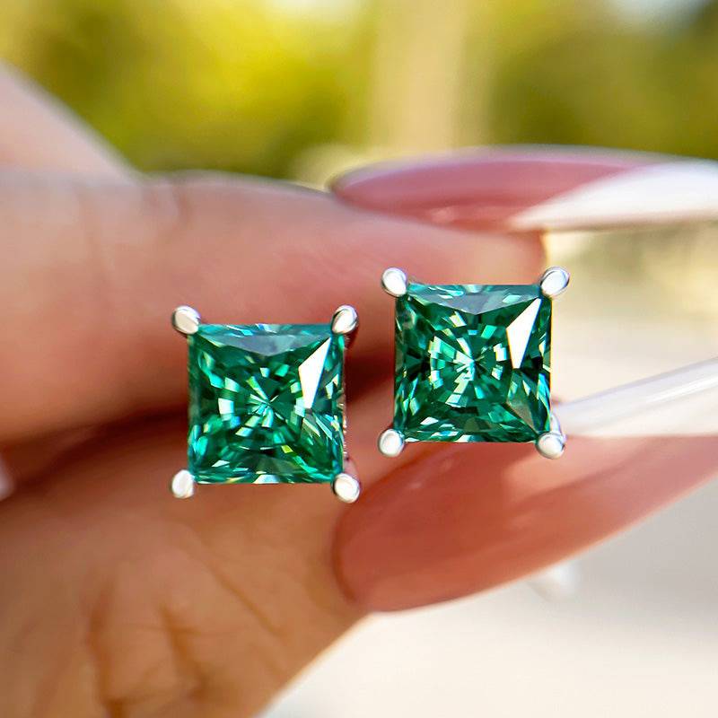 Louily Stunning Square Princess Cut Paraiba Tourmaline Stud Earrings In Sterling Silver