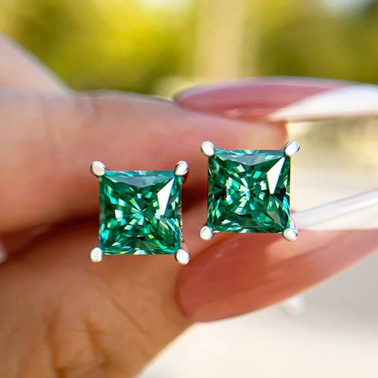 Louily Stunning Square Princess Cut Paraiba Tourmaline Stud Earrings In Sterling Silver