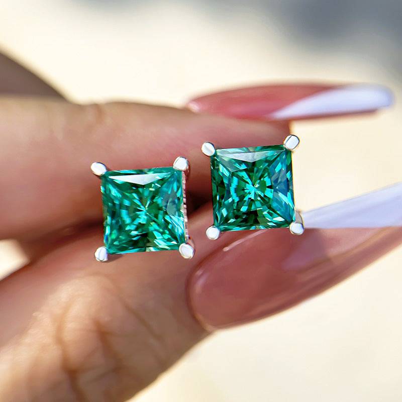 Louily Stunning Square Princess Cut Paraiba Tourmaline Stud Earrings In Sterling Silver