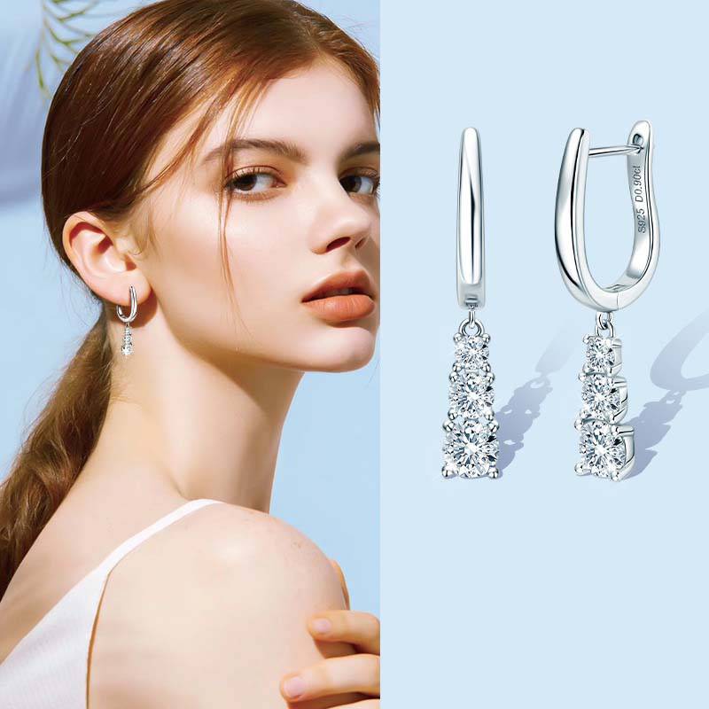 Louily Moissanite Three Stone Round Cut Tassel Stud Earrings