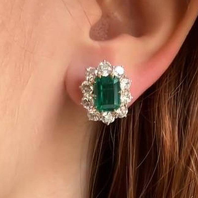 Louily Vintage Flower Design Emerald Cut Emerald Green Earrings In Sterling Silver