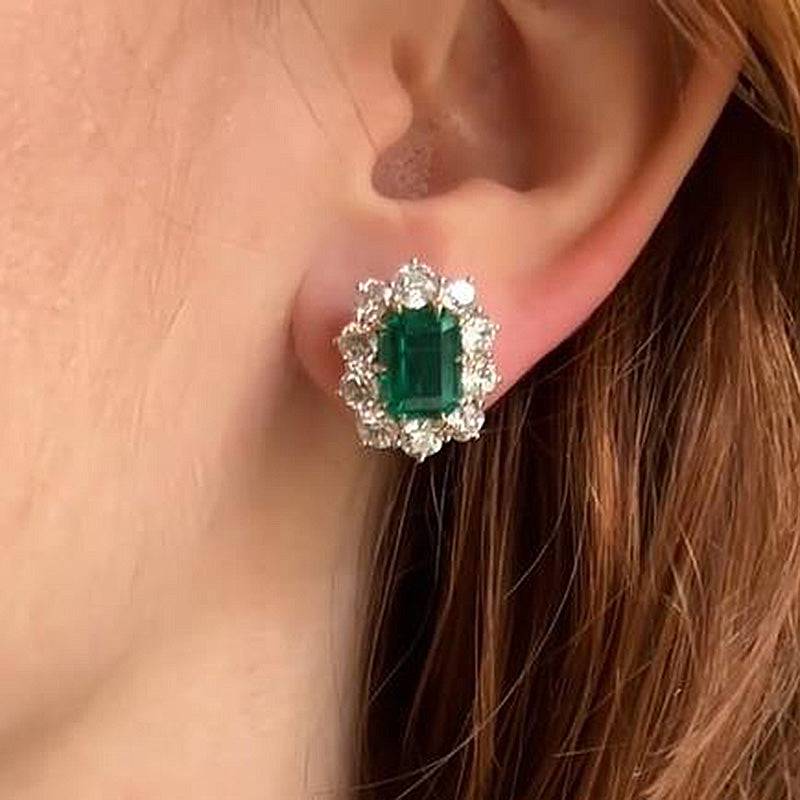 Louily Vintage Flower Design Emerald Cut Emerald Green Earrings In Sterling Silver