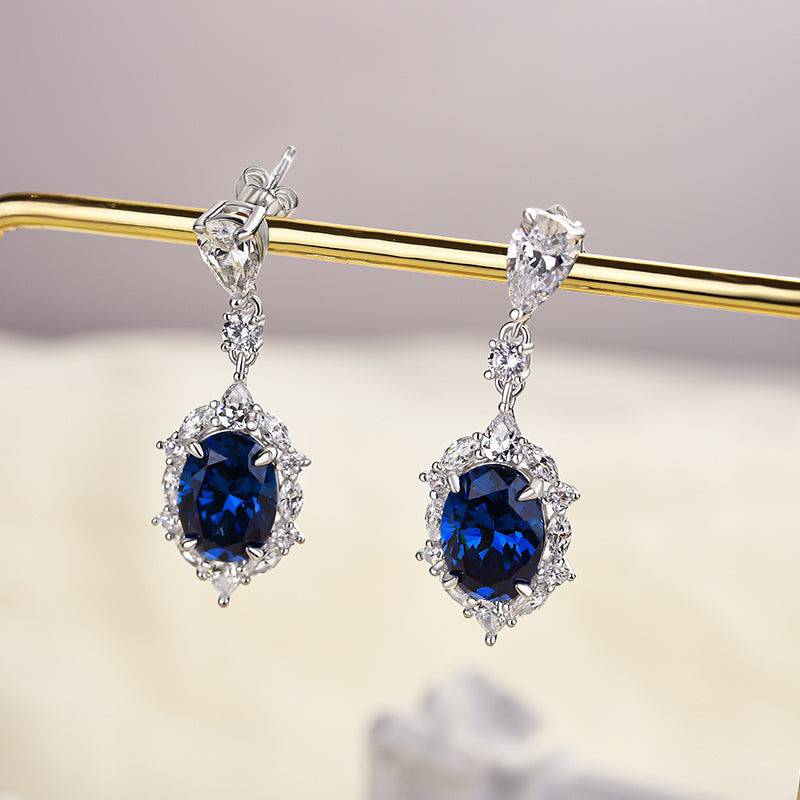 Vintage Halo Oval Cut Blue Sapphire Women's Earrings In Sterling Silver